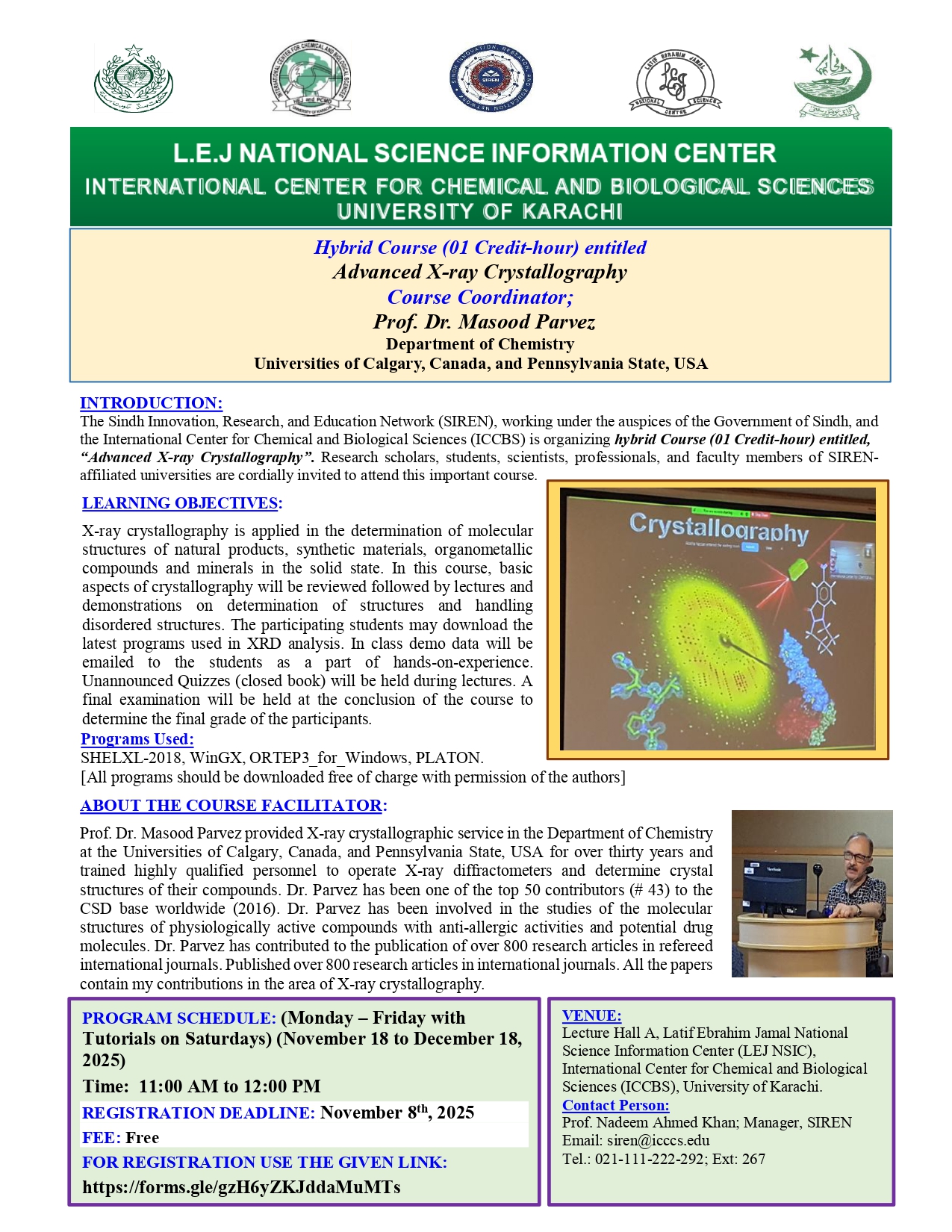 Hybrid Course (01 Credit-hour) entitled “Advanced X-ray Crystallography Course”